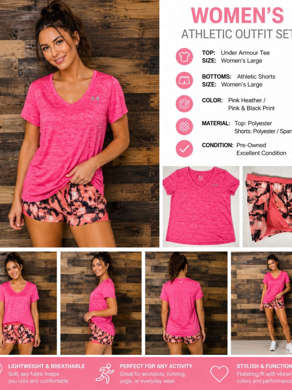 Under Armour Women’s Pink Heather V-Neck Performance Tee large outfit